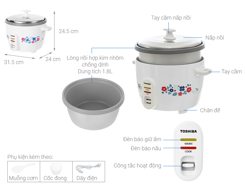 Nồi cơm nắp rời Toshiba 1.8 lít RC-18MH2PV(F)