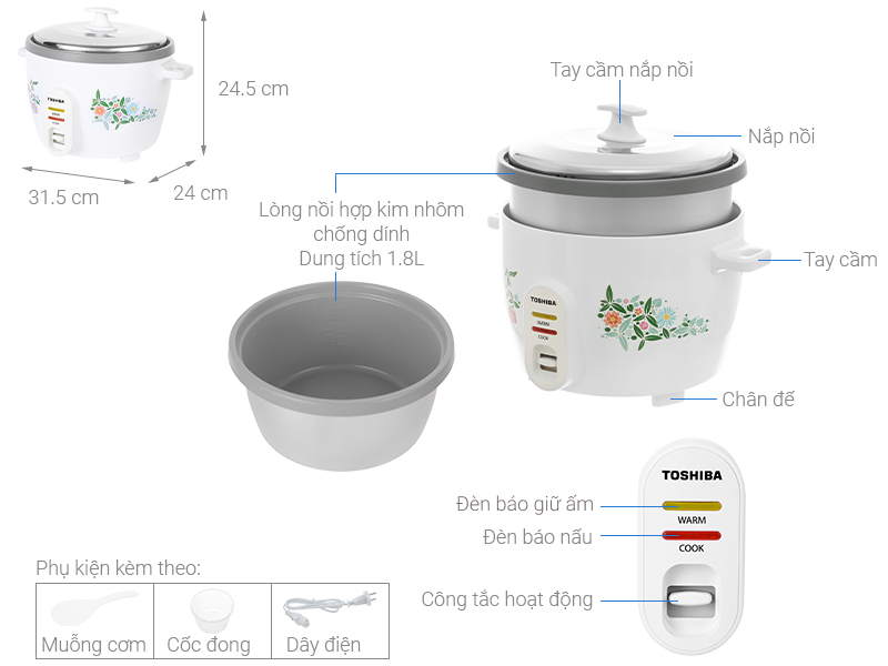Nồi cơm nắp rời Toshiba 1.8 lít RC-18MH1PV(F)