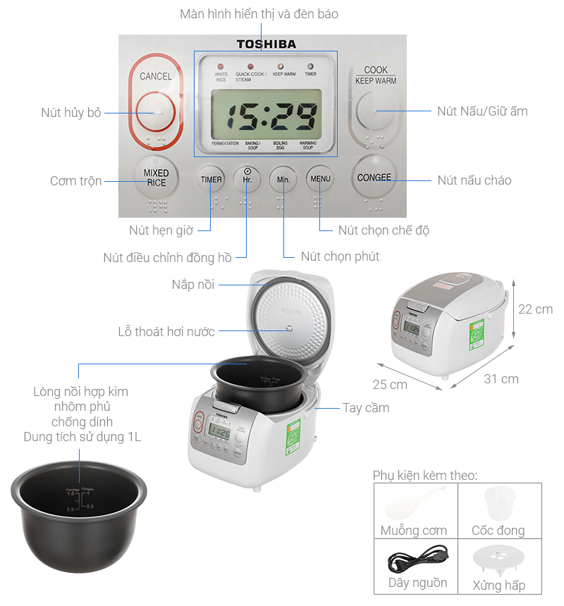Nồi cơm điện tử Toshiba 1 lít RC-10NMFVN(WT)