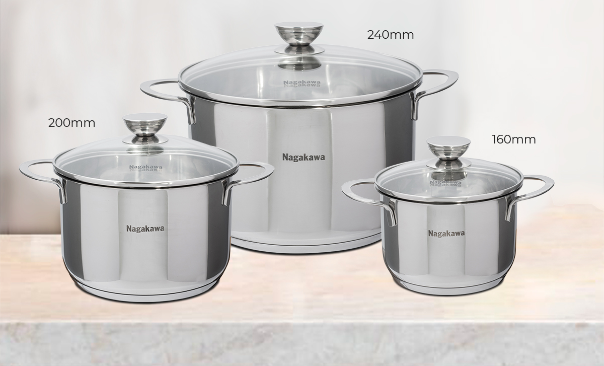 Bộ 3 nồi inox 5 lớp đáy từ Nagakawa NAG1351 (16cm, 20cm, 24cm)