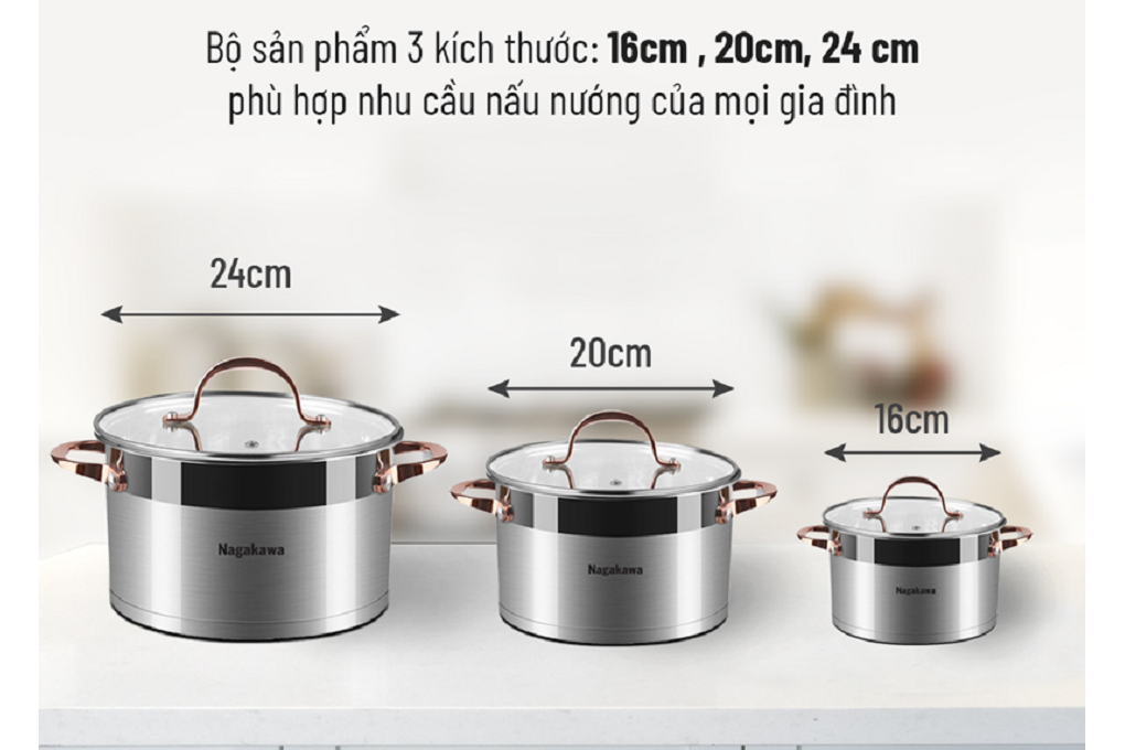 Bộ 3 nồi 5 đáy inox 304 Nagakawa NAG1352 (16cm, 20cm, 24cm)