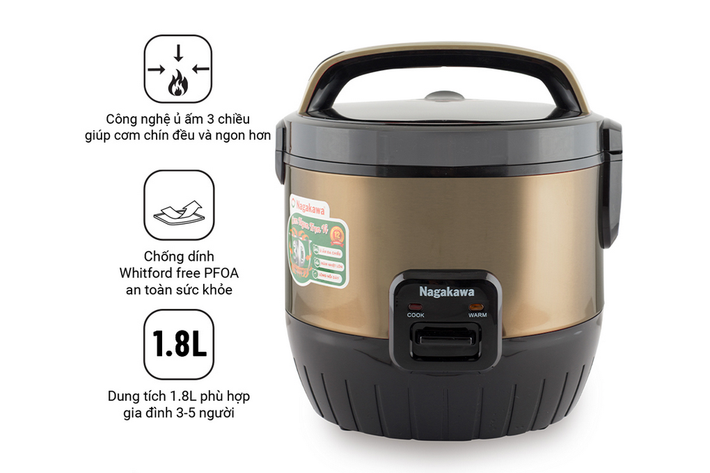 Nồi cơm điện 1.8L Nagakawa NAG0119 (vàng)